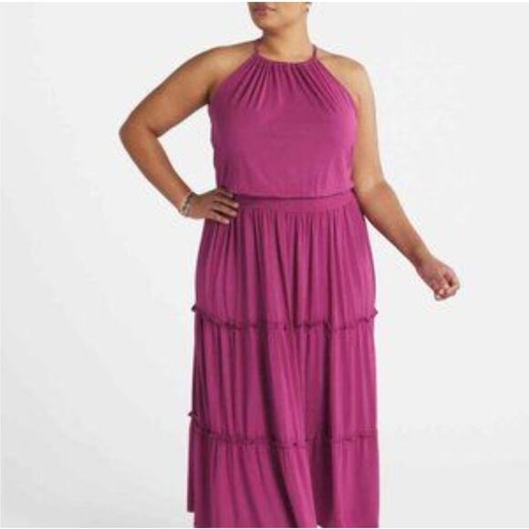 Threads for Thought Rainey Patch Tiered Pink Halter Maxi dress Springcore - Picture 1 of 8